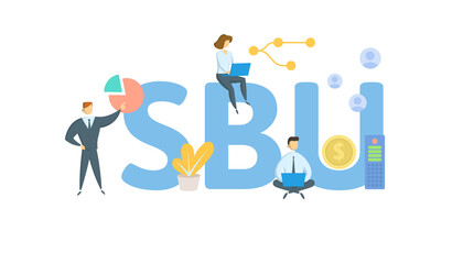 SBU, Strategic Business Unit. Concept with keywords, people and icons. Flat vector illustration. Isolated on white background.