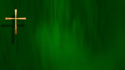 Liturgic green velvet with golden Christian Cross on copy space. 3D illustration for online worship live stream church sermon on Ordinary Time. Concept of hope, life and resurrection of Christ.
