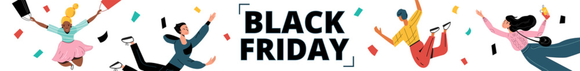 Long banner on black Friday. People rush shopping. Vector illustration flat people on shopping. Sale and 
coupons.