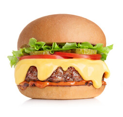 fresh cheeseburger with a lot of cheese isolated on white background - obrazy, fototapety, plakaty