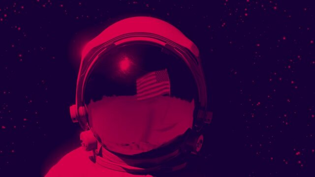 Astronaut in red lights on planet surface. Science or horror theme 3d animation