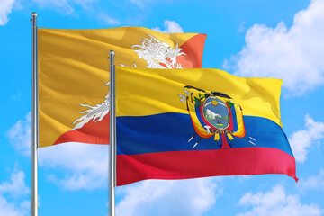 Ecuador and Bhutan national flag waving in the windy deep blue sky. Diplomacy and international relations concept.