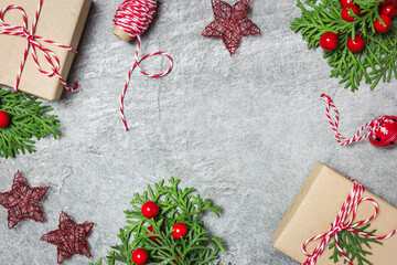 Christmas composition on gray stone table