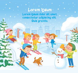 Fototapeta premium Vector winter scene with kids children making building snowman,skating on frozen pond,skiing riding on down hill and sliding down hill on tubes in snowy park,forest during snowfall with city landscape