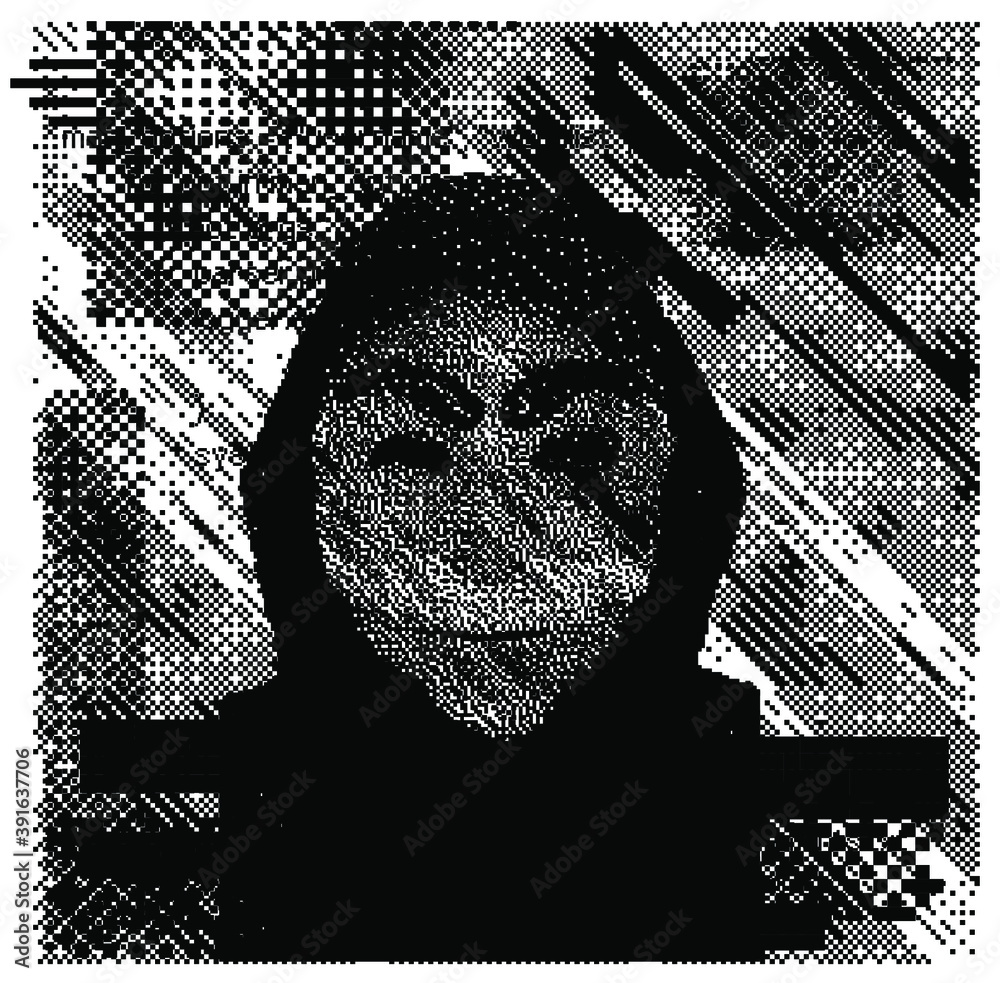 Poster Computer hacker in hoodie and mask. Human head with pixelated face. Data thief, internet fraud, anonymous vector concept.