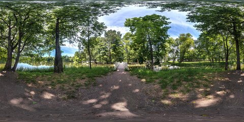 full seamless spherical hdri panorama 360 degrees  angle view near wooden bridge over small river in forest in equirectangular projection, VR AR content.