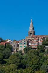 View on church tower of town Groznjan, Istria, Croatia
