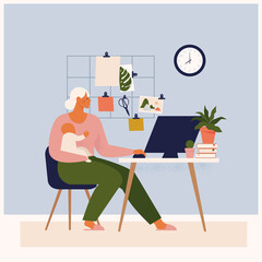 Young woman character combining work and baby care. Modern parenthood. Flat editable vector illustration.