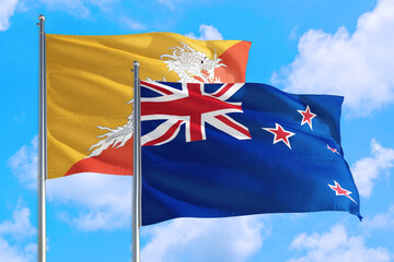 New Zealand and Bhutan national flag waving in the windy deep blue sky. Diplomacy and international relations concept.