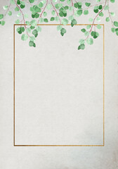 Pale leaves - vertical botanical design banner. Floral pastel watercolor, golden border frame.