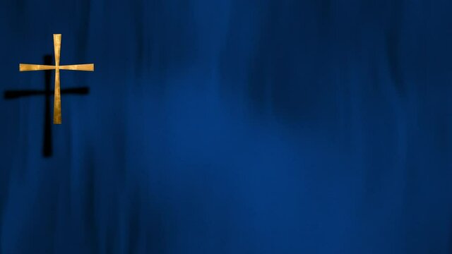 Waving velvet with golden Christian Cross on liturgic blue copy space loop. 3D animation for online worship live stream church sermon on Feast of Mary. Concept of Feast of the Immaculate Conception.