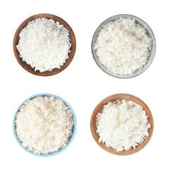 Set of bowls with cooked rice isolated on white, top view
