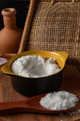 Tapioca flour (Farinha de tapioca). Flour made from cassava starch. Manioc. Typical Brazilian indigenous food. Perspective.