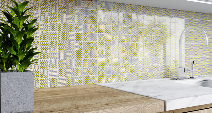 Mosaic Backsplash In Kitchen. 3d Rendering. Modern Interior