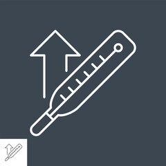 Thermometer with a high temperature related vector thin line icon. Isolated on black background. Editable stroke. Vector illustration.