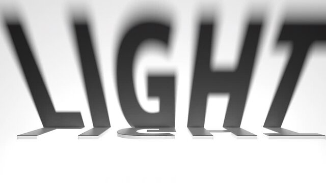 LIGHT text with artistic light and shadows, conceptual 3d animation