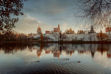 Fototapeta na wymiar Novodevichy Convent monastery, view from a pond. Moscow, Russia