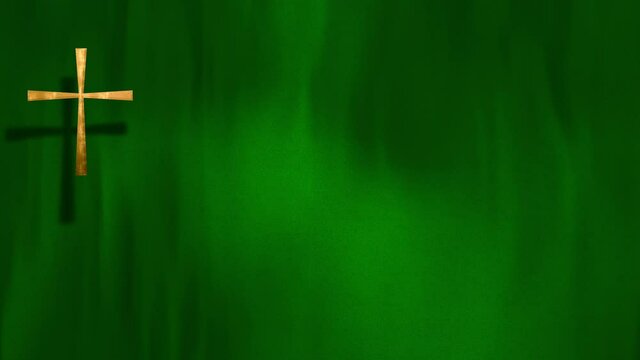 Liturgic green velvet with golden Christian Cross on copy space loop. 3D animation for online worship live stream church sermon on Ordinary Time. Concept of hope, life and resurrection of Christ.