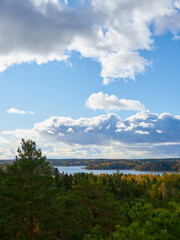 Turku archipelago on autumn time. Baltic sea coast with white clouds on sky.