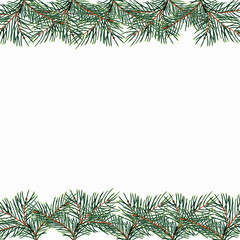 
Green spruce branches on the upper and lower sides of the drawing. Isolated on a white background. Watercolor Christmas frame, border