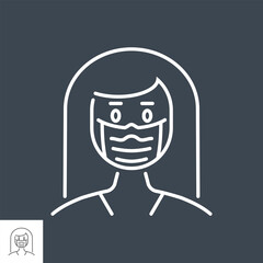 Woman wit medical mask related vector thin line icon. Isolated on Black background. Editable stroke. Vector illustration.