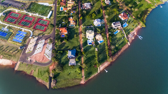 Aerial View Of Houses In Luxury Riverside Condominium, S&atilde;o Paulo, Brazil
