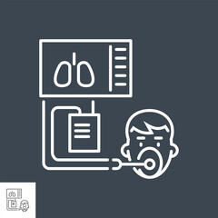 Medical ventilator related vector thin line icon. Ventilator with the image of the lungs and a human head with a mask. Isolated on black background. Editable stroke. Vector illustration.