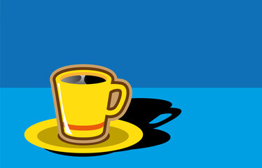 A yellow cup of coffee on its saucer casting its shadow on a background of blue in two tones. Energetic and colorful vector design.