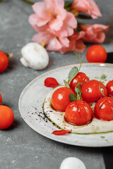 cherry tomatoes with tofu mousse on a plate. place for inscription