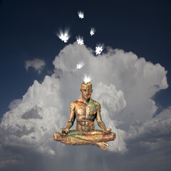Cyborg Meditation. Droid in lotus pose hovers in clouds. 3D rendering