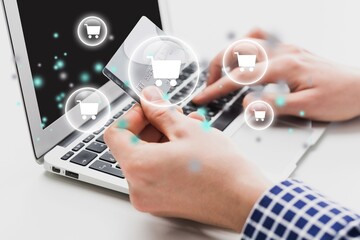 Man with laptop and credit card. On-line shopping