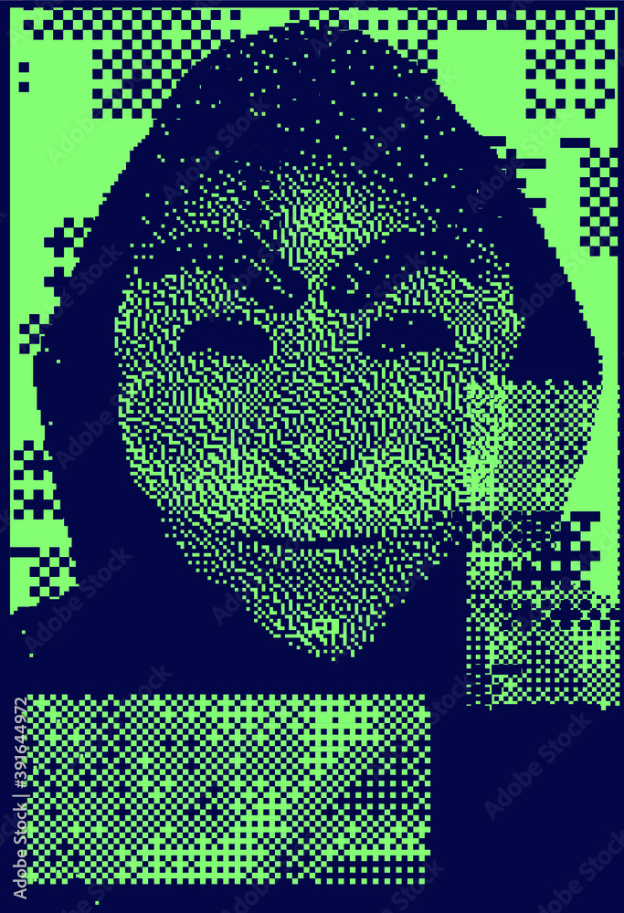 Poster Portrait of computer hacker in hoodie and mask. Human head with pixelated face. Data thief, internet fraud, dark anonymous vector . Privacy concept. Personal data security illustration