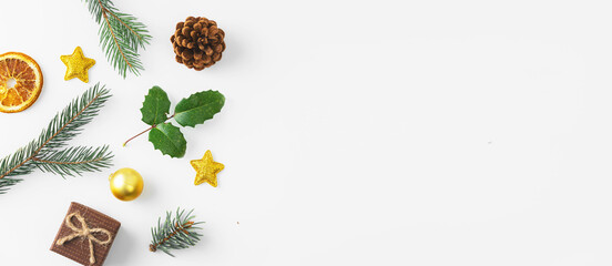 Top view christmas flat lay on white background. new year 2021. golden and green colors