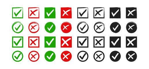 Green check mark and red cross icon big collection. Set of hand grawn check marks and crosses. Vote box , tick and x signs illustration .