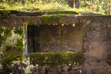 The missing basement window in the ruins of an old stone house with moss on the wall