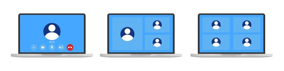 Video call template on laptop. Video conference icon . Users on computer screen.Online education . Office in home . 4 or 3 people in chat conference.Laptop with incoming call .