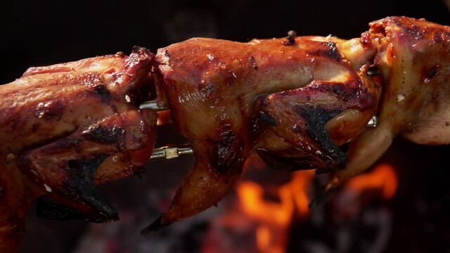 Super close-up panorama of mouth-watering grilled quails on the skewers above the open fire