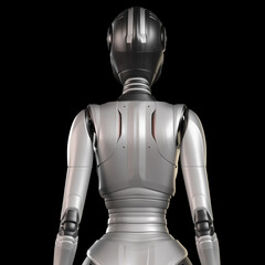 3d render of a very detailed robot woman or futuristic girl, back view of the upper body isolated on black background