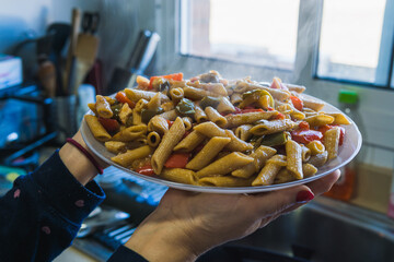 Unrecognizable woman holding a plate of macaroni with vegetables and chicken.