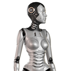 3d render of a very detailed robot woman or futuristic girl looking right, front view of the upper body isolated on white background