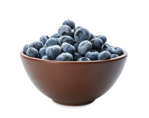 Tasty frozen blueberries in bowl isolated on white