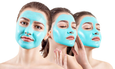 Collage of young woman with blue vitamin facial clay mask