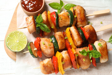 Delicious chicken shish kebabs with vegetables and lime on white wooden table, top view