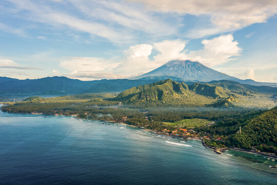 Aerial View Of Agun Volcano and coast in Bali, Indonesia.