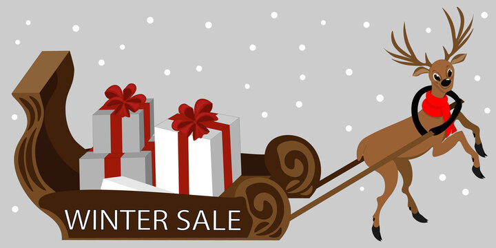 Flat illustration Winter sale ,sleigh, gift boxes, deer. Ready  for print.