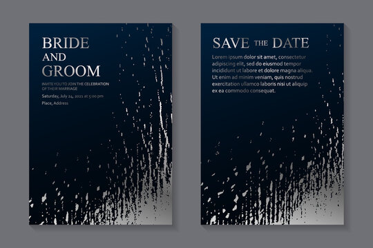 Modern abstract luxury wedding invitation design or card templates for birthday greeting or certificate or cover with silver grunge paint splashes on a navy blue background.