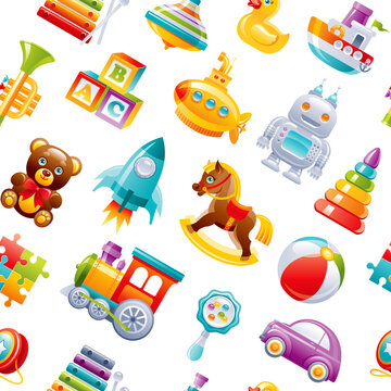 Toy pattern background. Baby seamless vector. Kid cartoon wallpaper for girl, boy. Cute game set with car, train, yo, submarine, ball, robot, pyramid, puzzle, blocks, rocket. Children's top play box