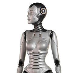 3d render of a very detailed robot woman or futuristic girl looking left, front view of the upper body isolated on white background