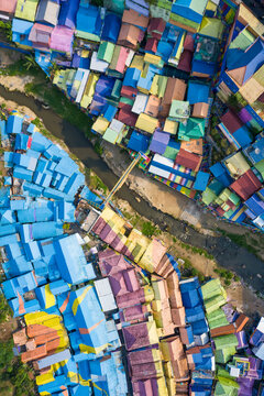 Aerial view of  colour slum of Kampung Warna Warni, Java, Indonesia.