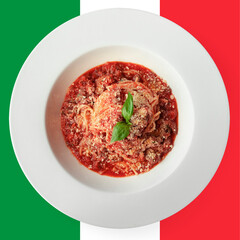 Italian Cuisine Pasta Bolognese With Basil Leaf On Top Closeup